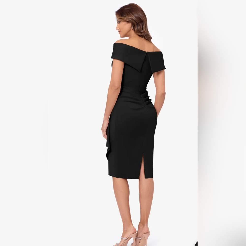 Xscape Evenings"Jessie" Short Scuba Off the Shoulder Ruffle Dress - Picture 3 of 11